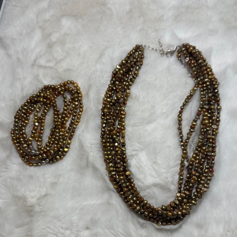Silpada 925 SS Copper Freshwater Pearl Multi-Strand Necklace/Bracelet Set